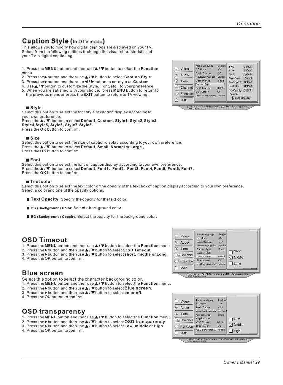 Caption style, Osd timeout, Blue screen | Osd transparency, Operation, Style, Size, Font, Text color, Text opacity | haier HL47E User Manual | Page 29 / 50