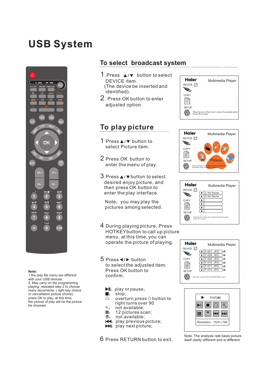 Usb system, Press button to select picture item, Press ok button to enter the menu of play | Press ok button to enter adjusted option, Press return button to exit | haier HL47E User Manual | Page 39 / 50