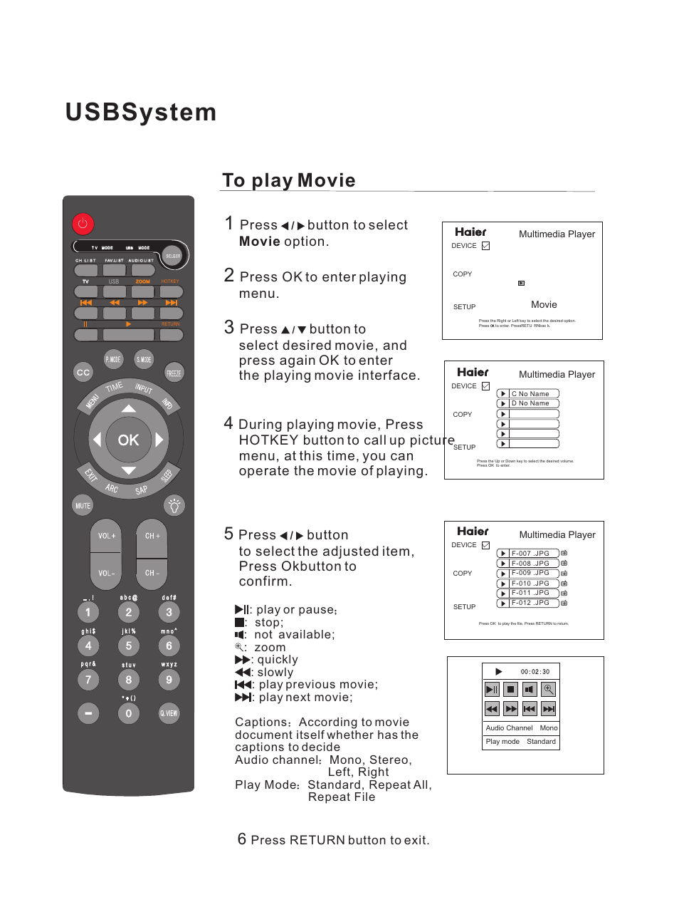 Usbsystem, Press button to select movie option, Press ok to enter playing menu | Press return button to exit | haier HL47E User Manual | Page 40 / 50