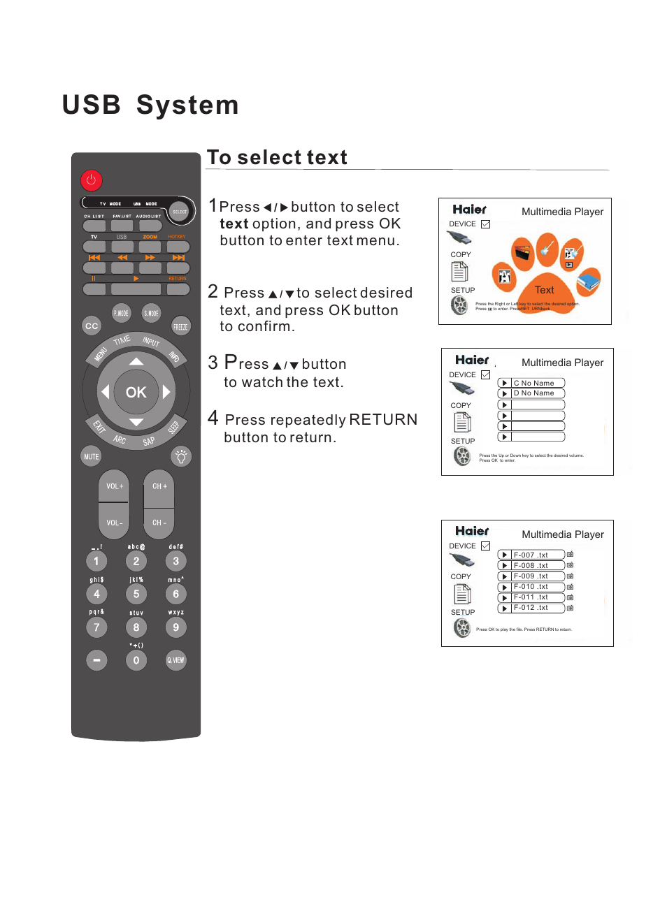 Usb system, Return, Press | Ress button to watch the text, Press repeatedly, Button to return | haier HL47E User Manual | Page 43 / 50