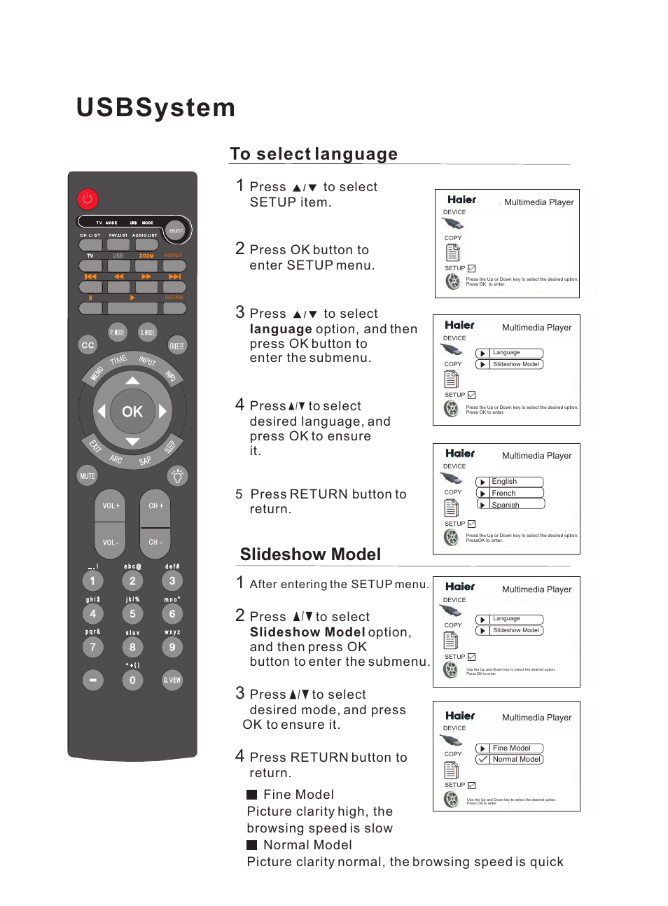 Usbsystem, Slideshow model, Press | Press ok button to enter setup menu, After entering the setup menu | haier HL47E User Manual | Page 45 / 50