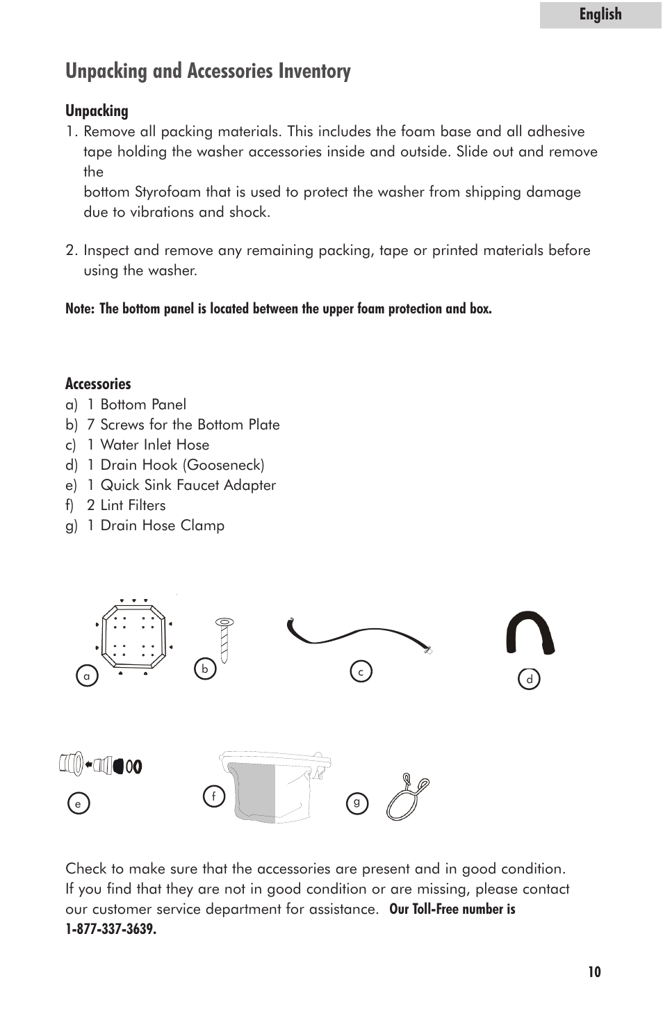 Unpacking and accessories inventory, English, Unpacking | Accessories | haier HLP23E User Manual | Page 11 / 21