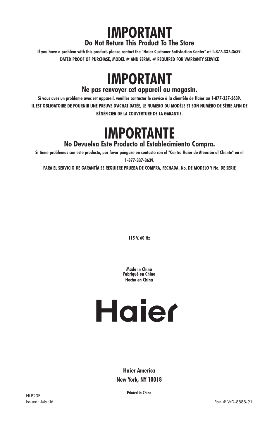 Important, Importante, Do not return this product to the store | Ne pas renvoyer cet appareil au magasin | haier HLP23E User Manual | Page 21 / 21