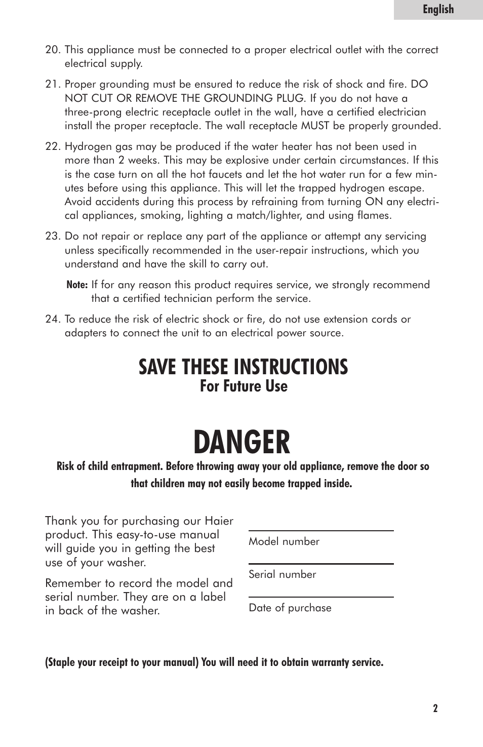 Danger, Save these instructions, For future use | haier HLP23E User Manual | Page 3 / 21