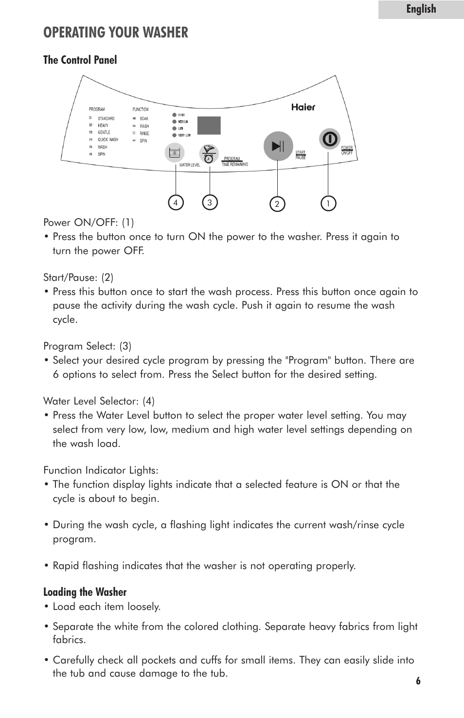 Operating your washer | haier HLP23E User Manual | Page 7 / 21