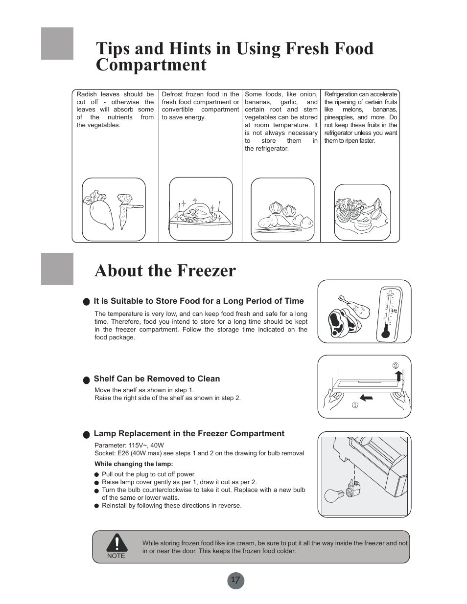 Tips and hints in using fresh food compartment, About the freezer | haier PRCS25SD User Manual | Page 18 / 96