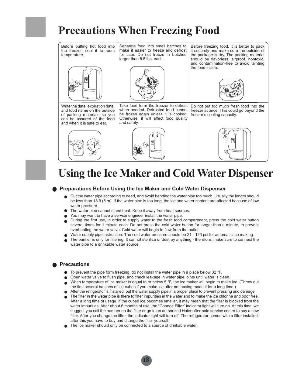 Precautions when freezing food, Using the ice maker and cold water dispenser | haier PRCS25SD User Manual | Page 19 / 96