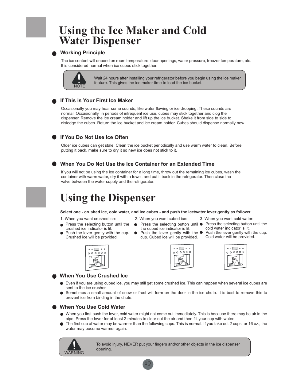 Using the ice maker and cold water dispenser, Using the dispenser | haier PRCS25SD User Manual | Page 20 / 96