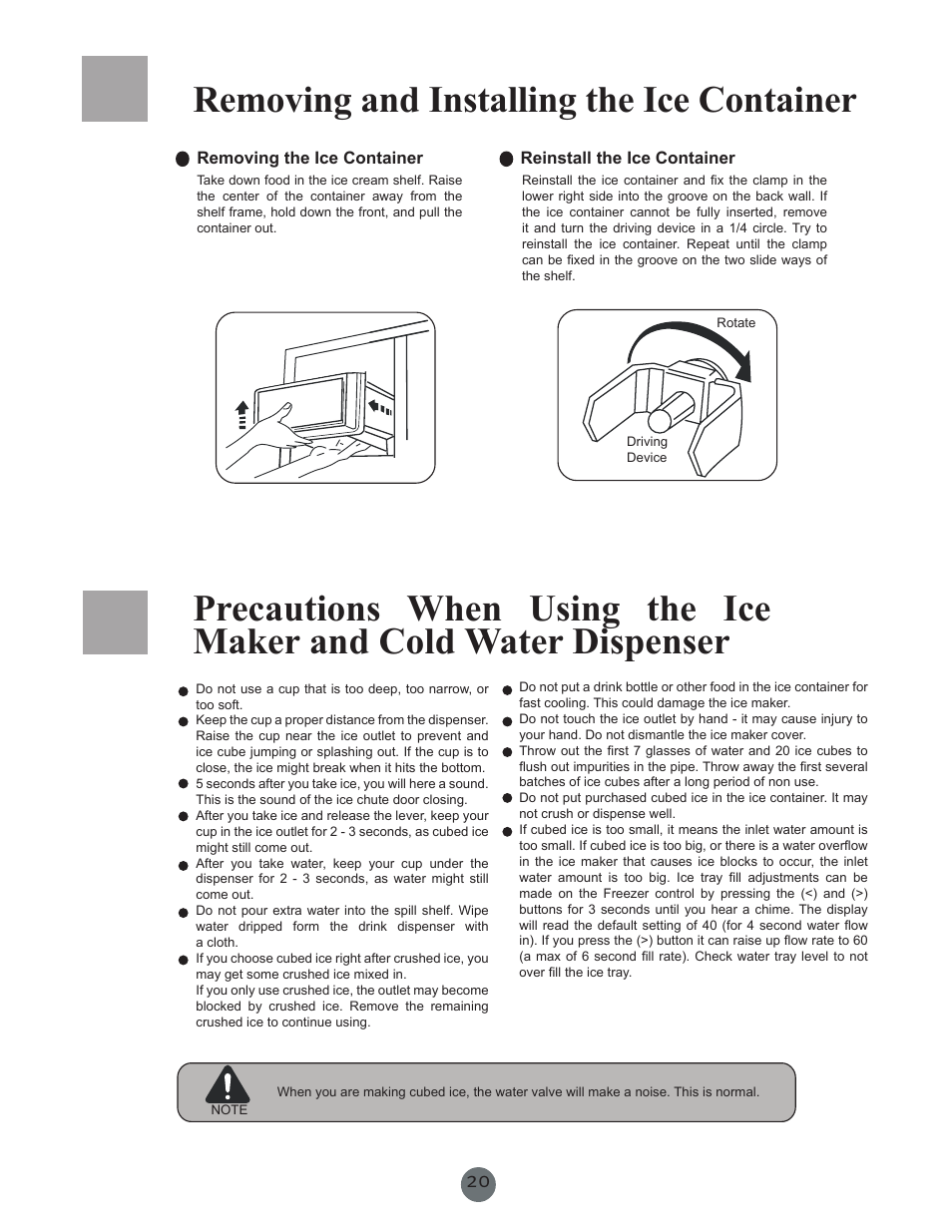 Removing and installing the ice container | haier PRCS25SD User Manual | Page 21 / 96