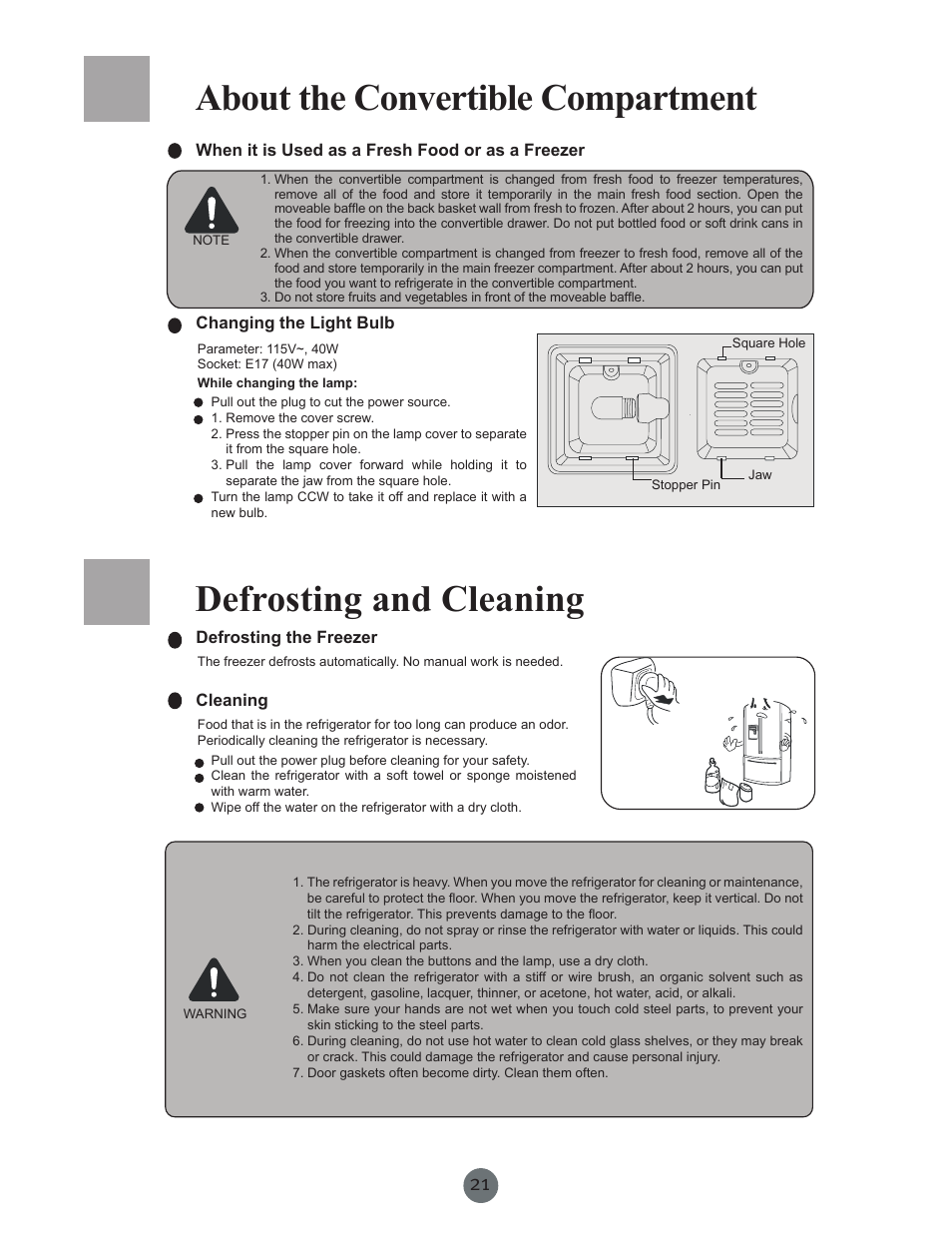 About the convertible compartment, Defrosting and cleaning | haier PRCS25SD User Manual | Page 22 / 96