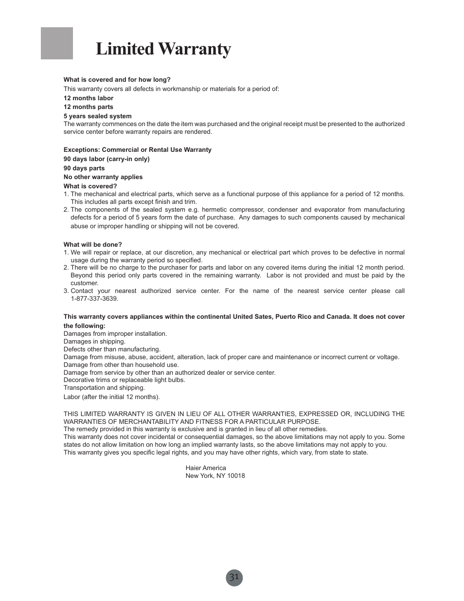 Limited warranty | haier PRCS25SD User Manual | Page 32 / 96