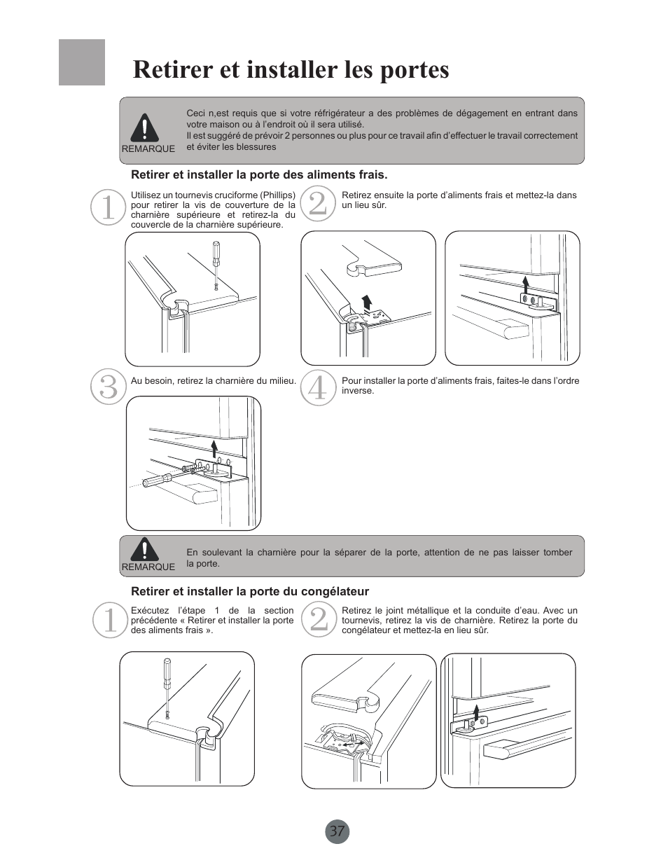 Retirer et installer les portes | haier PRCS25SD User Manual | Page 38 / 96