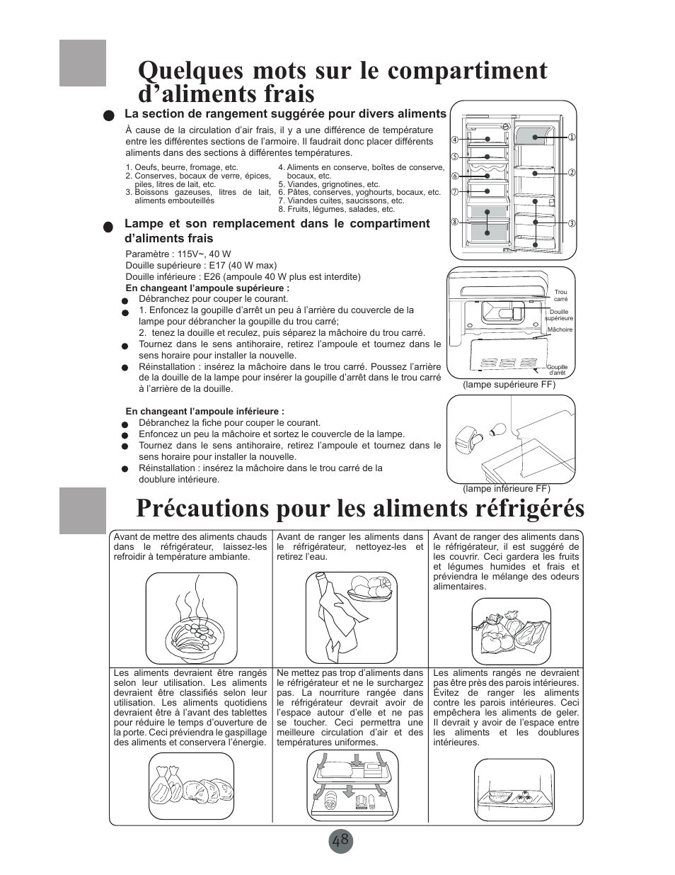 Quelques mots sur le compartiment d’aliments frais, Précautions pour les aliments réfrigérés | haier PRCS25SD User Manual | Page 49 / 96