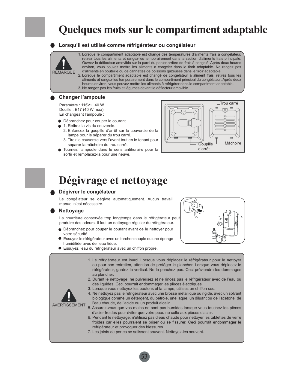 Quelques mots sur le compartiment adaptable, Dégivrage et nettoyage | haier PRCS25SD User Manual | Page 54 / 96