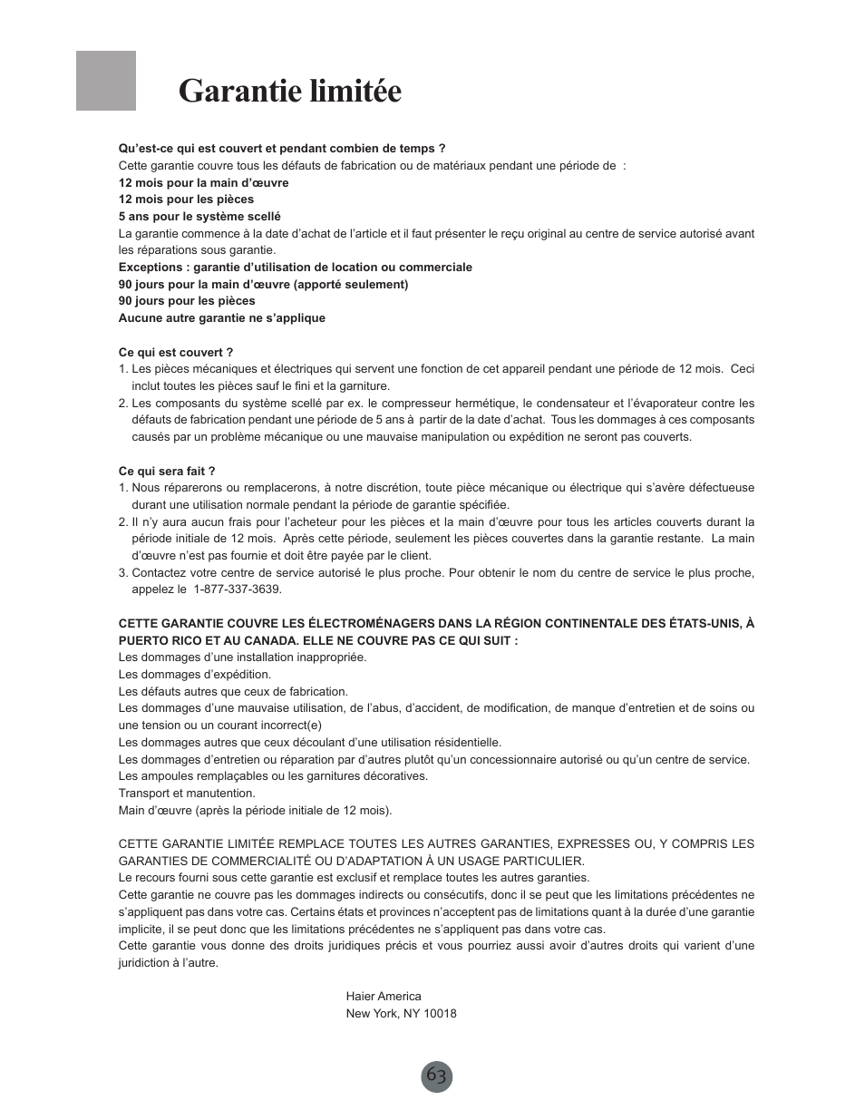 Garantie limitée | haier PRCS25SD User Manual | Page 64 / 96
