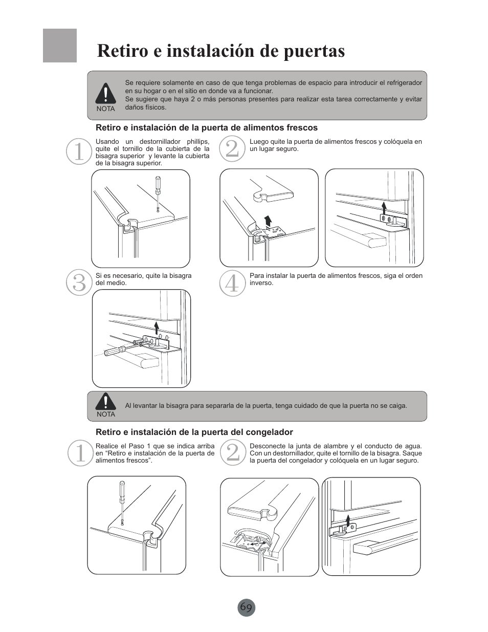 Retiro e instalación de puertas | haier PRCS25SD User Manual | Page 70 / 96