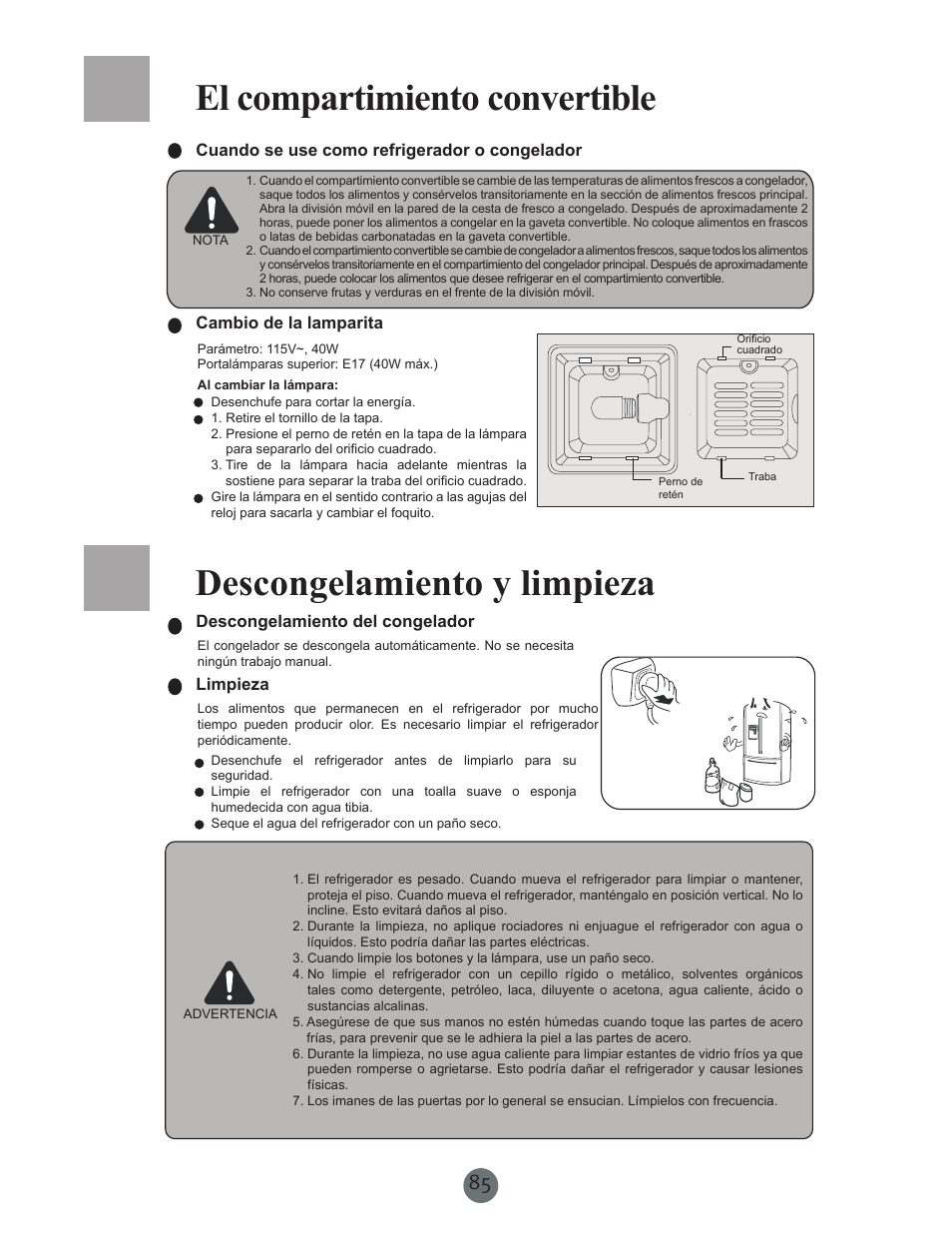 El compartimiento convertible, Descongelamiento y limpieza | haier PRCS25SD User Manual | Page 86 / 96