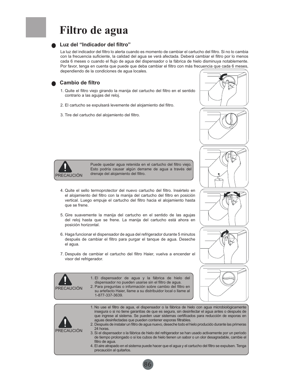 Filtro de agua | haier PRCS25SD User Manual | Page 87 / 96