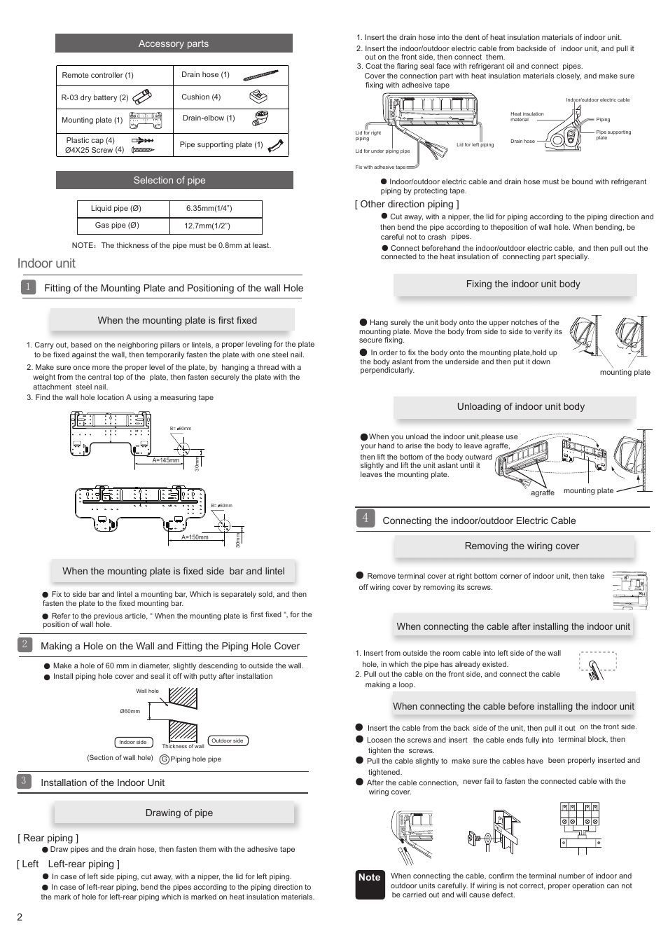 Indoor unit, When the mounting plate is ﬁrst ﬁxed, Other direction piping | Left left-rear piping, Fixing the indoor unit body, Unloading of indoor unit body, Accessory parts, Selection of pipe 2 | haier 0010506358 User Manual | Page 2 / 4
