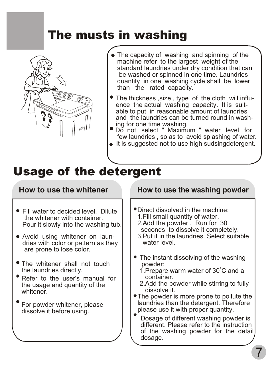 The musts in washing, Usage of the detergent | haier HWM120-AS User Manual | Page 9 / 18