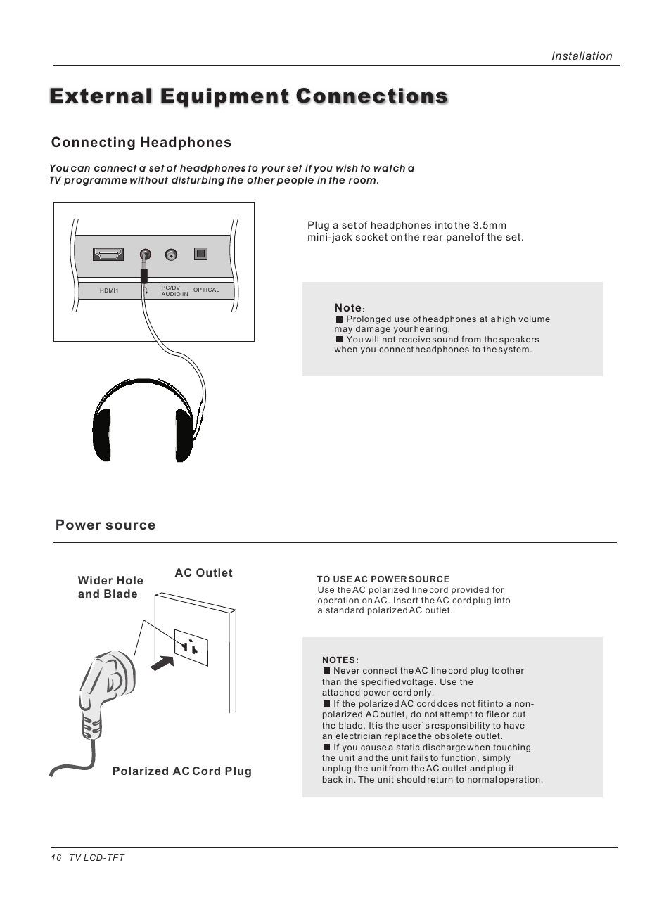 External equipment connections, Power source, Connecting headphones | haier HL40B User Manual | Page 16 / 45
