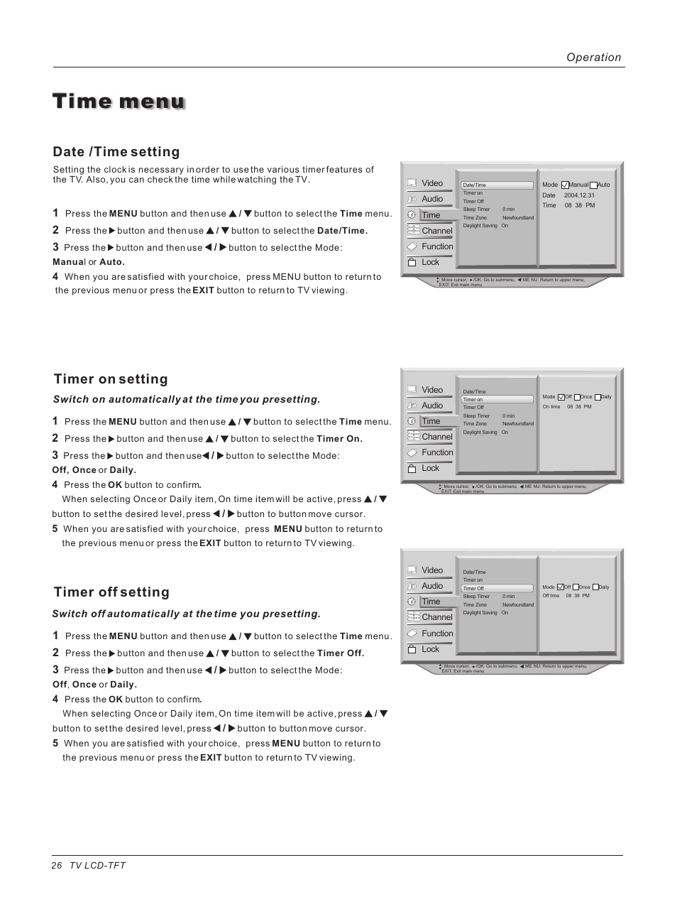 Time menu, Date /time setting, Timer on setting | Timer off setting, Operation | haier HL40B User Manual | Page 26 / 45