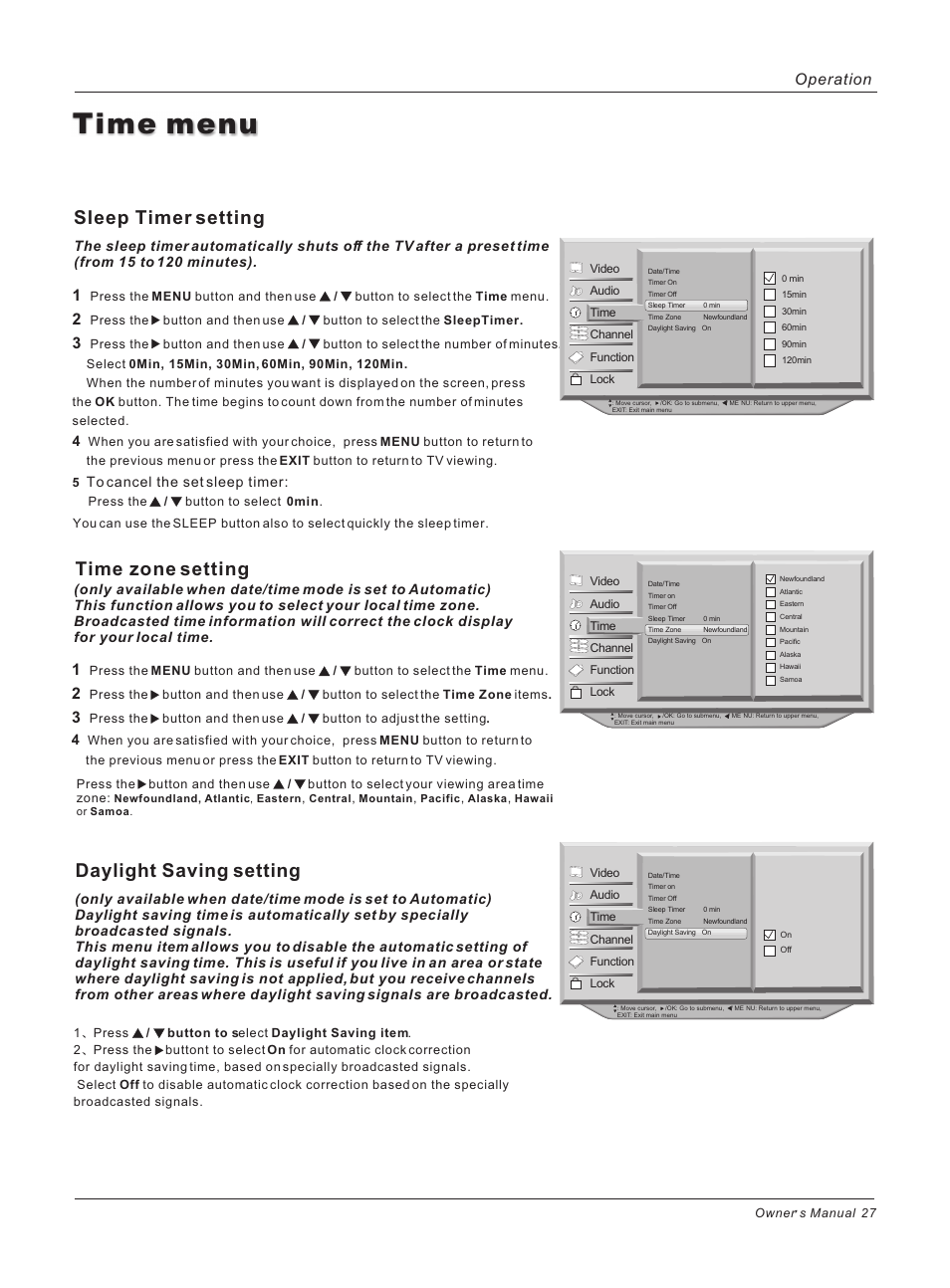 Time menu, Sleep timer setting, Time zone setting | Daylight saving setting, Operation | haier HL40B User Manual | Page 27 / 45