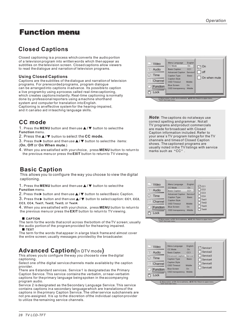 Function menu, Closed captions, Basic caption | Advanced caption, Cc mode, Using closed captions, Operation | haier HL40B User Manual | Page 28 / 45