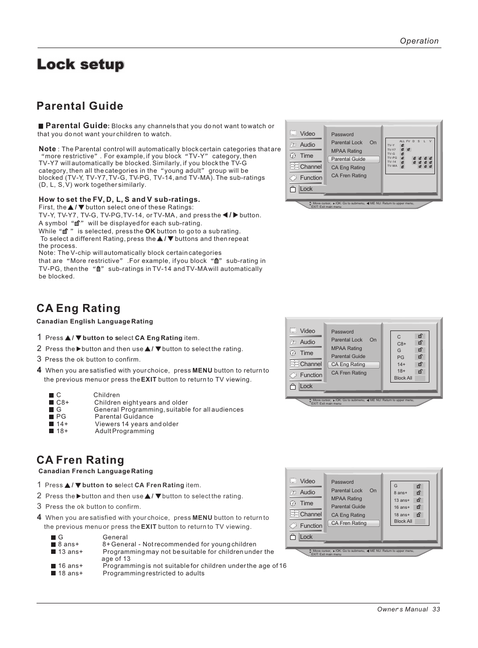 Lock setup, Parental guide ca eng rating ca fren rating, Parental guide | Operation | haier HL40B User Manual | Page 33 / 45