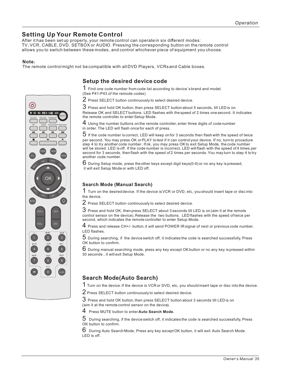 Setting up your remote control, Setup the desired device code, Search mode(auto search) | Search mode (manual search), Operation | haier HL40B User Manual | Page 35 / 45