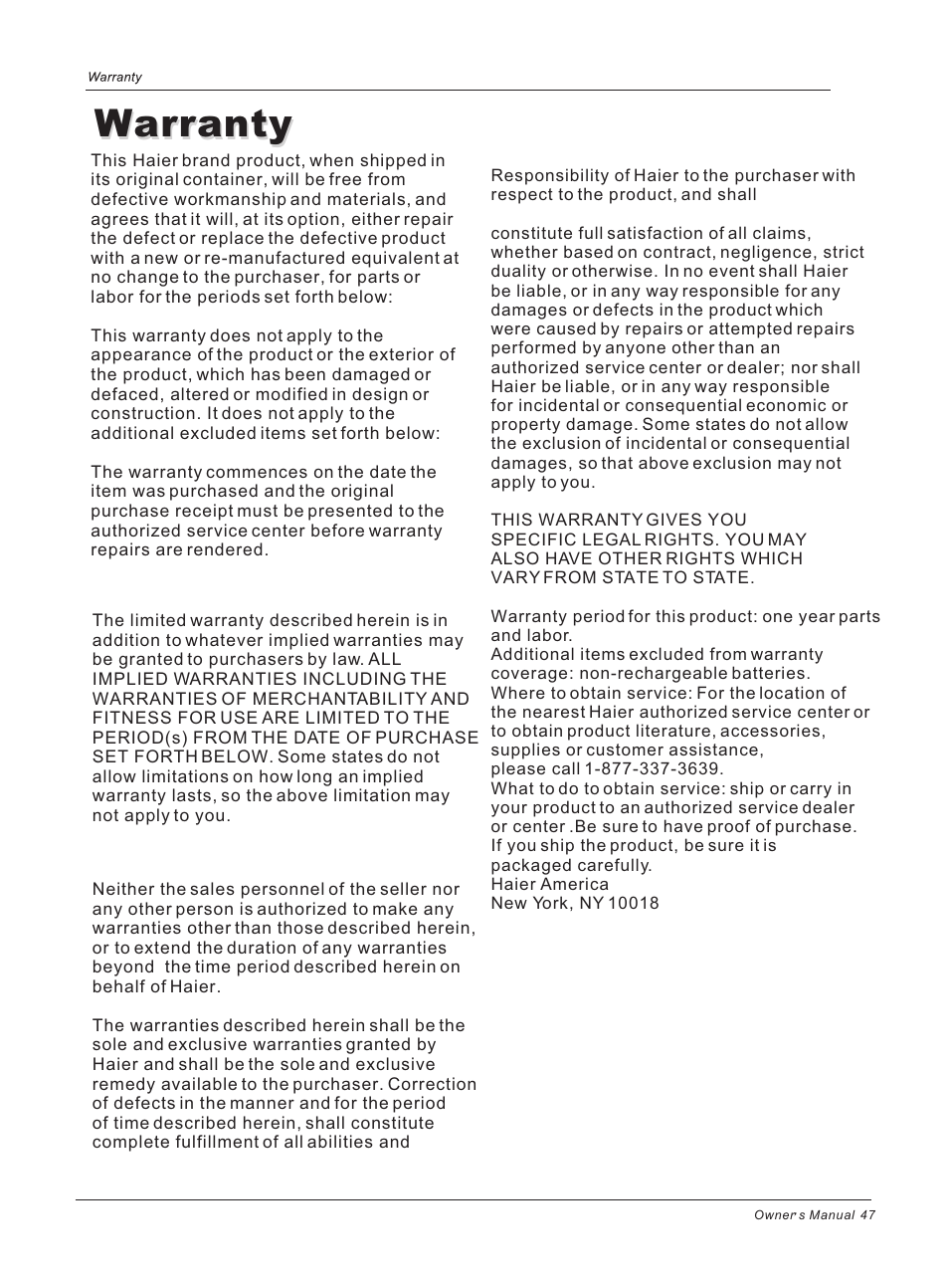 Warranty | haier HL40B User Manual | Page 44 / 45