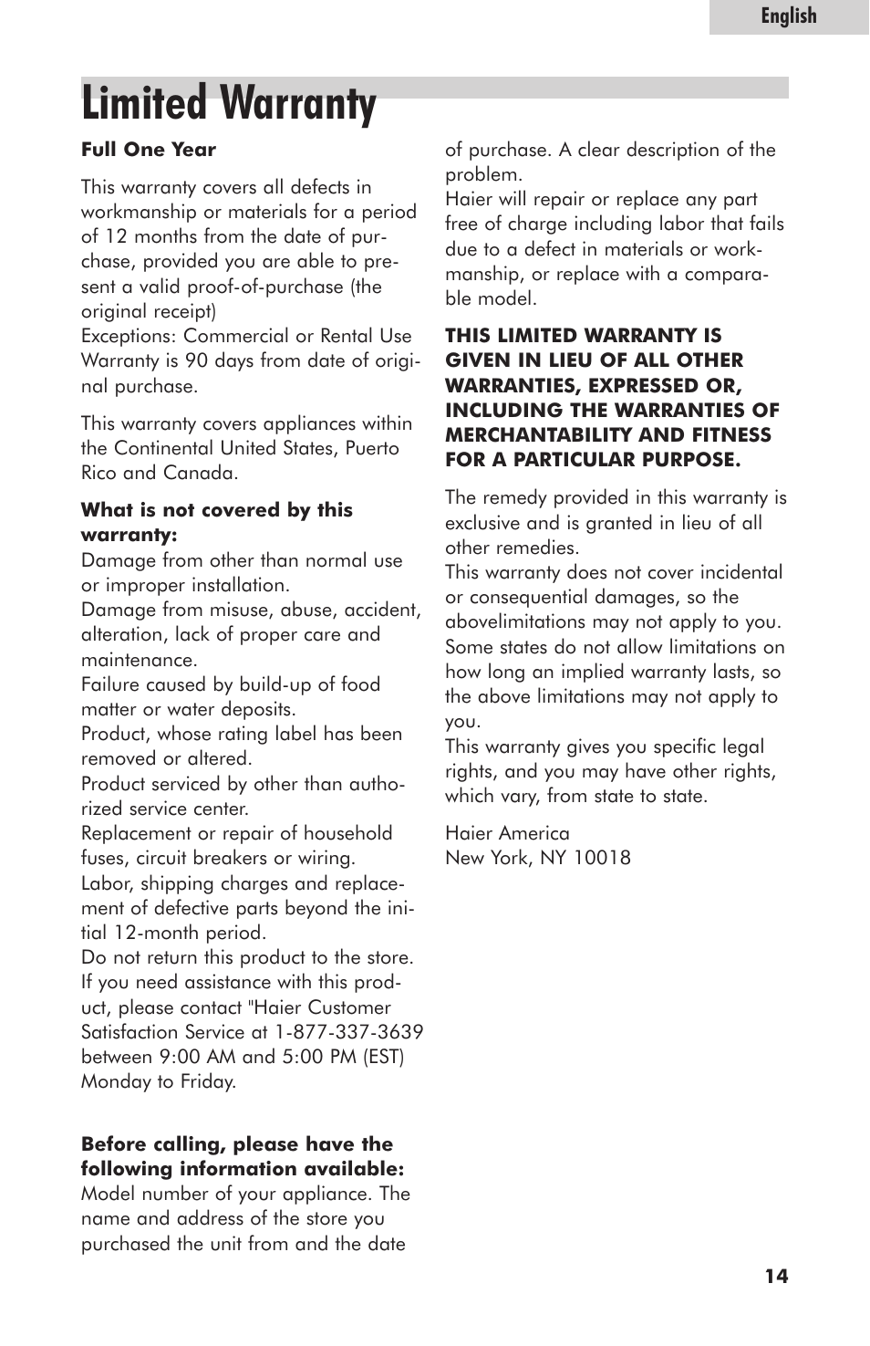 Limited warranty | haier HFP400SS User Manual | Page 15 / 16