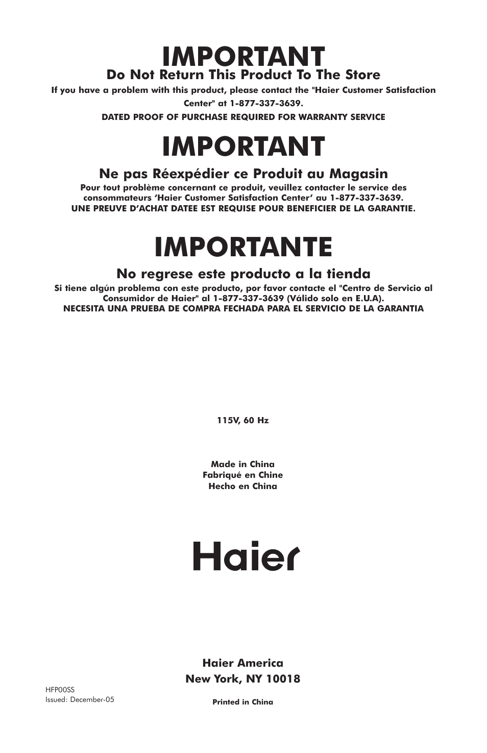 Important, Importante, Do not return this product to the store | Ne pas réexpédier ce produit au magasin, No regrese este producto a la tienda | haier HFP400SS User Manual | Page 16 / 16