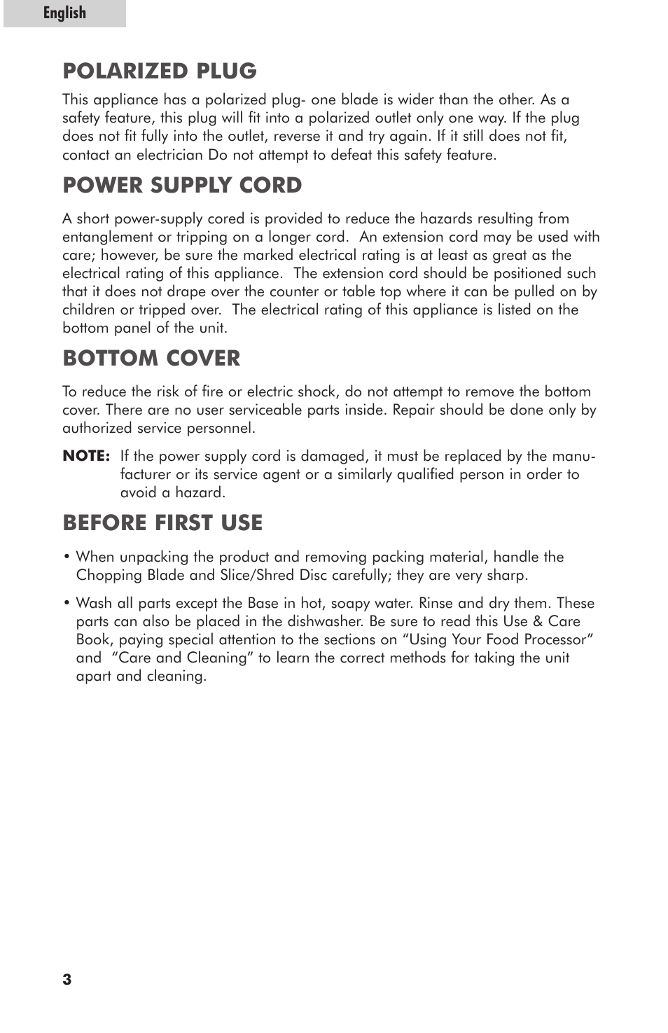 Polarized plug, Power supply cord, Bottom cover | Before first use | haier HFP400SS User Manual | Page 4 / 16