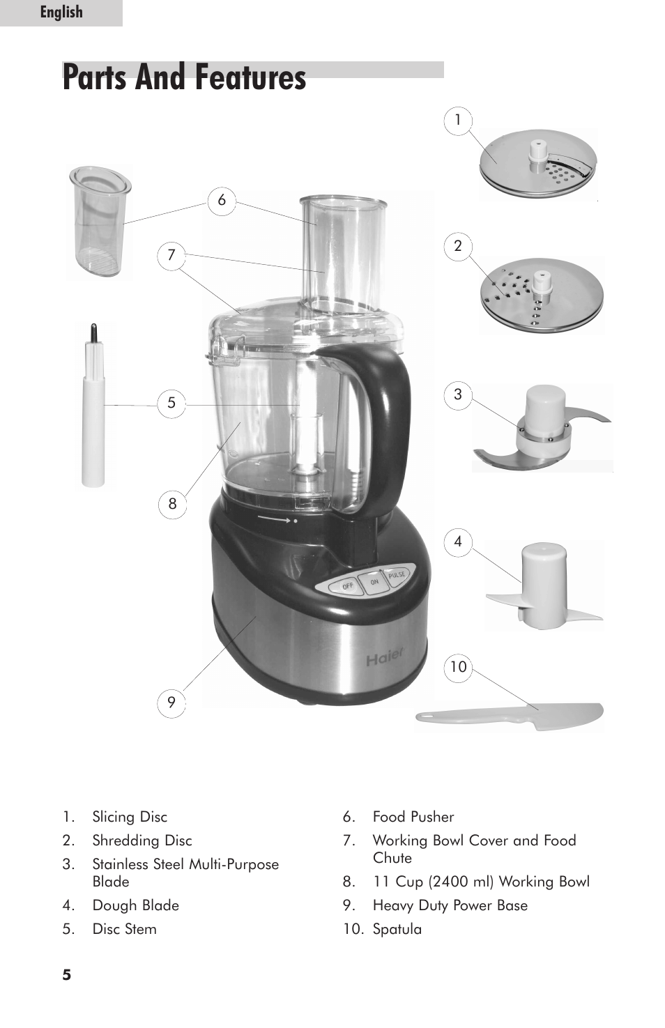 Parts and features | haier HFP400SS User Manual | Page 6 / 16