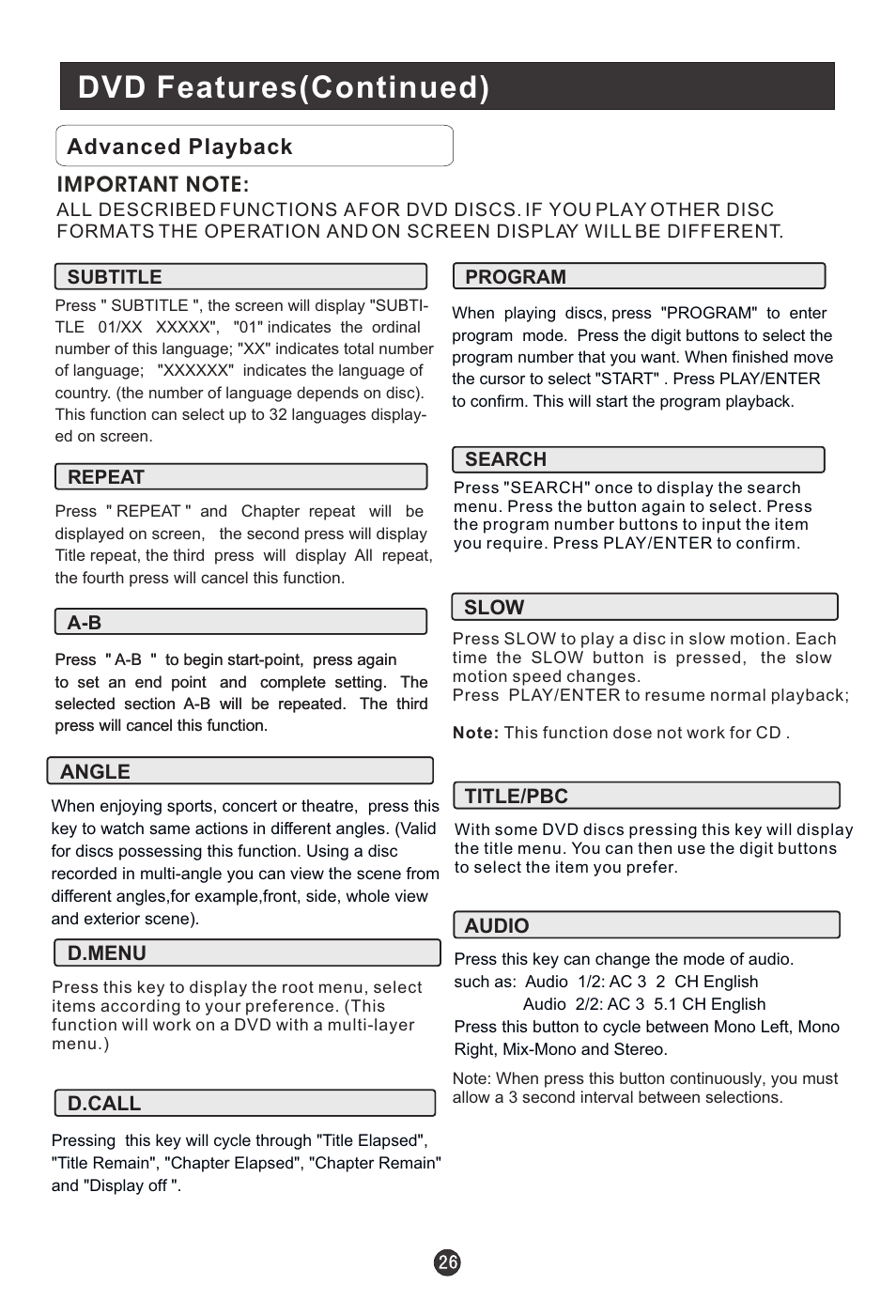 Dvd features(continued), Advanced playback | haier HLC15B User Manual | Page 31 / 42
