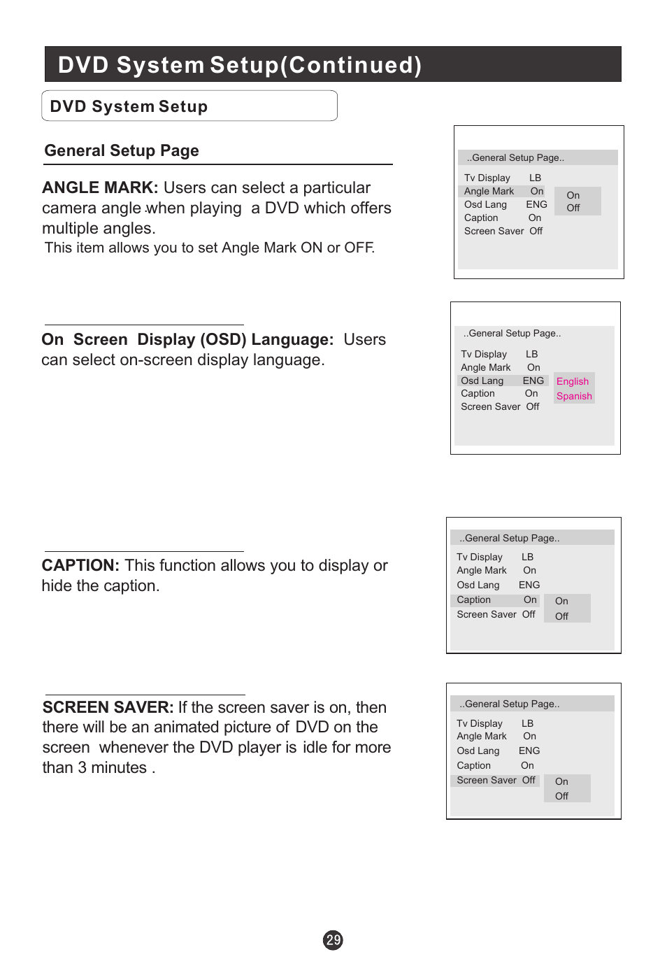 Dvd system setup(continued), This item allows you to set angle mark on or off | haier HLC15B User Manual | Page 34 / 42
