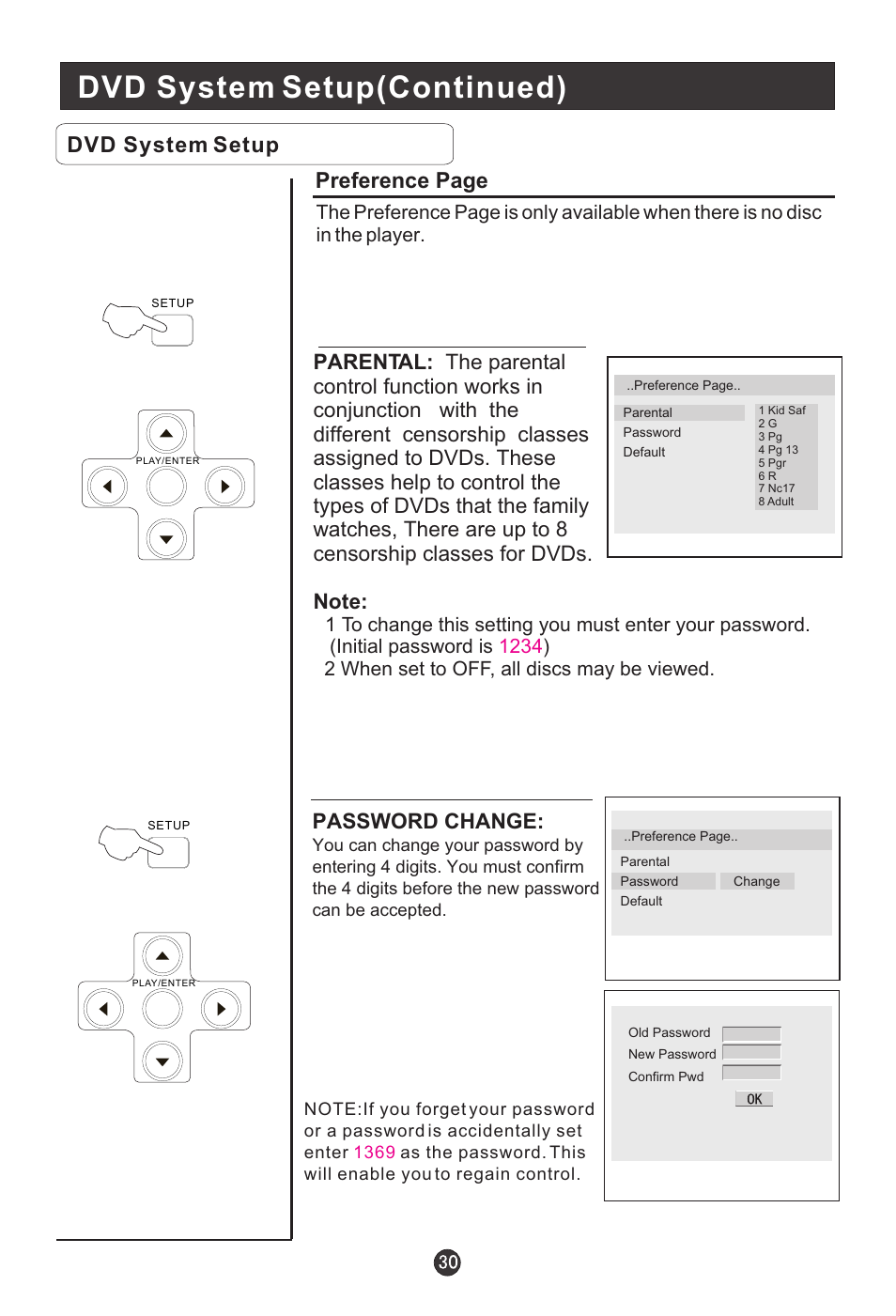 Dvd system setup(continued), Dvd system setup, Preference page | Password change | haier HLC15B User Manual | Page 35 / 42