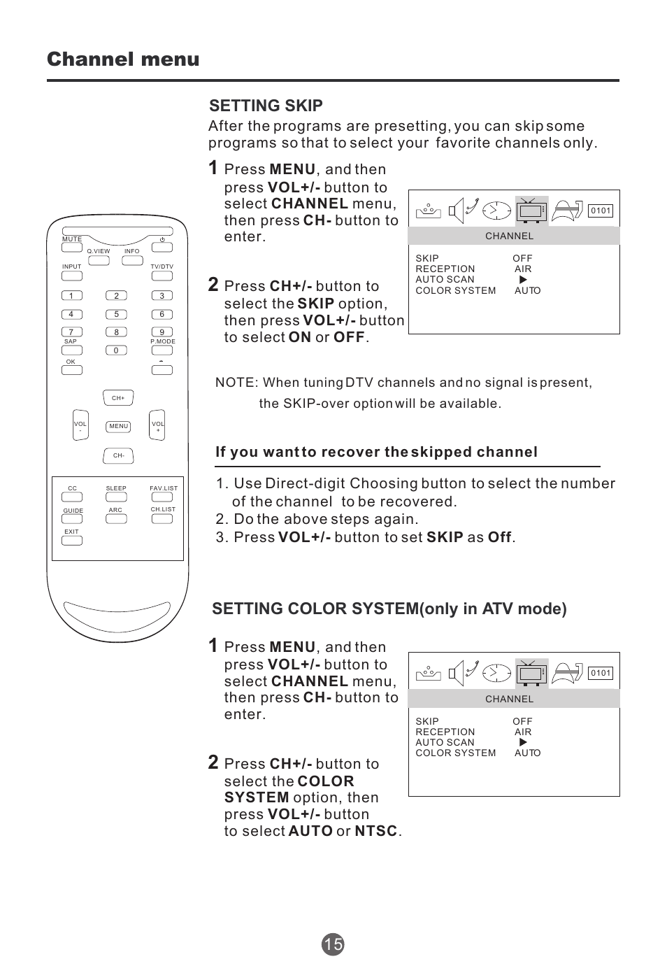 Channel menu, Setting skip, Setting color system(only in atv mode) | haier HTR20 User Manual | Page 16 / 80