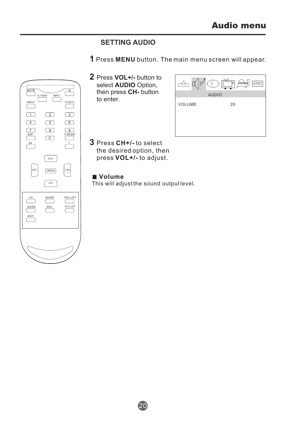 Audio menu 1, Setting audio 20, Volume | This will adjust the sound output level | haier HTR20 User Manual | Page 21 / 80