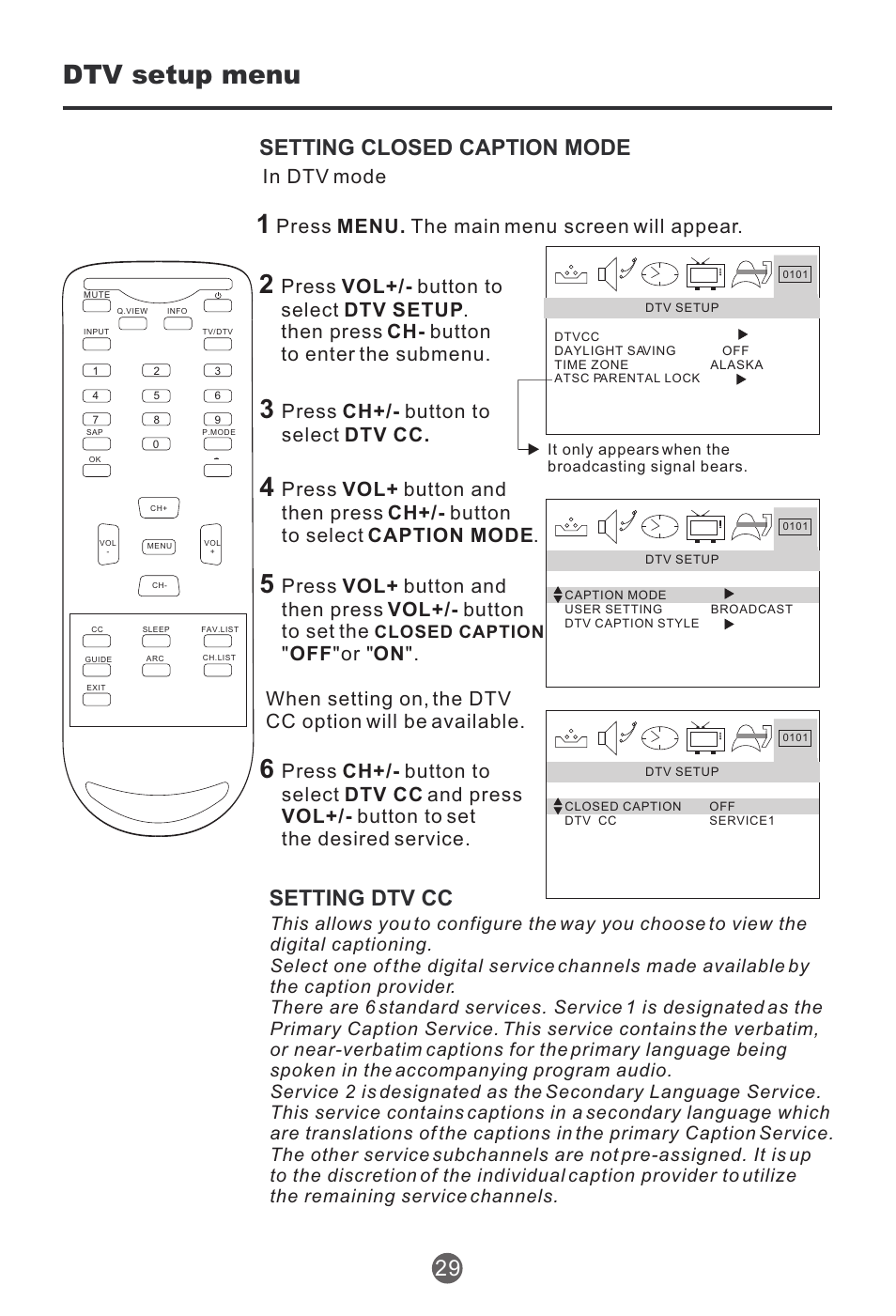 Dtv setup menu, Setting closed caption mode, Setting dtv cc 29 | Press menu. the main menu screen will appear, Press ch+/- button to select dtv cc, Off "or " on | haier HTR20 User Manual | Page 30 / 80