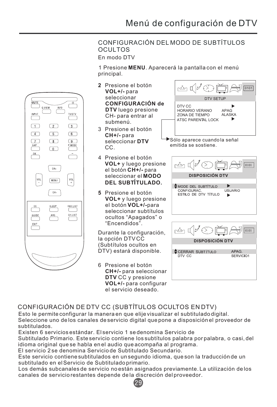 Menú de configuración de dtv, Configuración del modo de subtítulos ocultos | haier HTR20 User Manual | Page 70 / 80