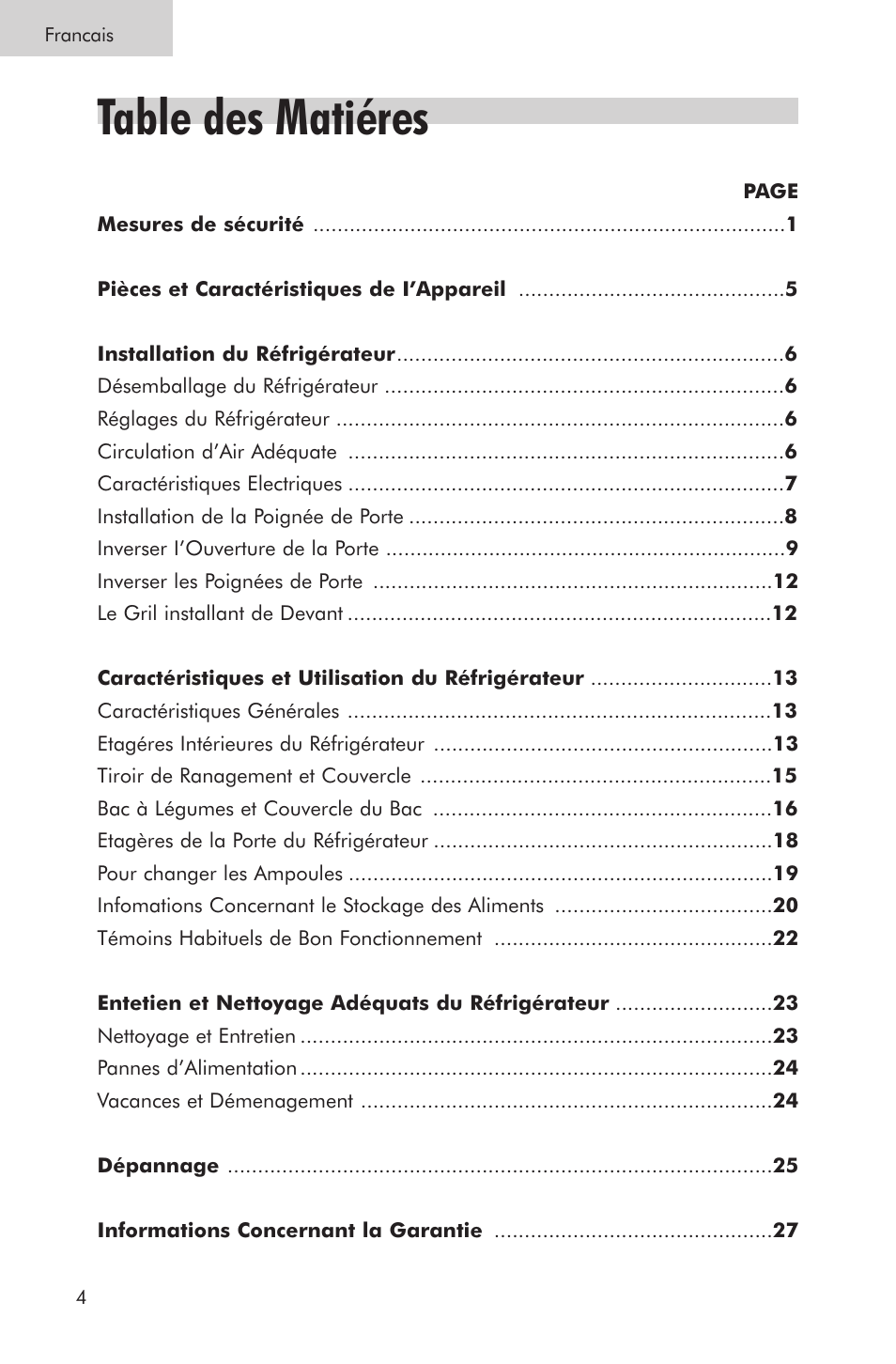 Table des matiéres | haier PRTS User Manual | Page 31 / 81