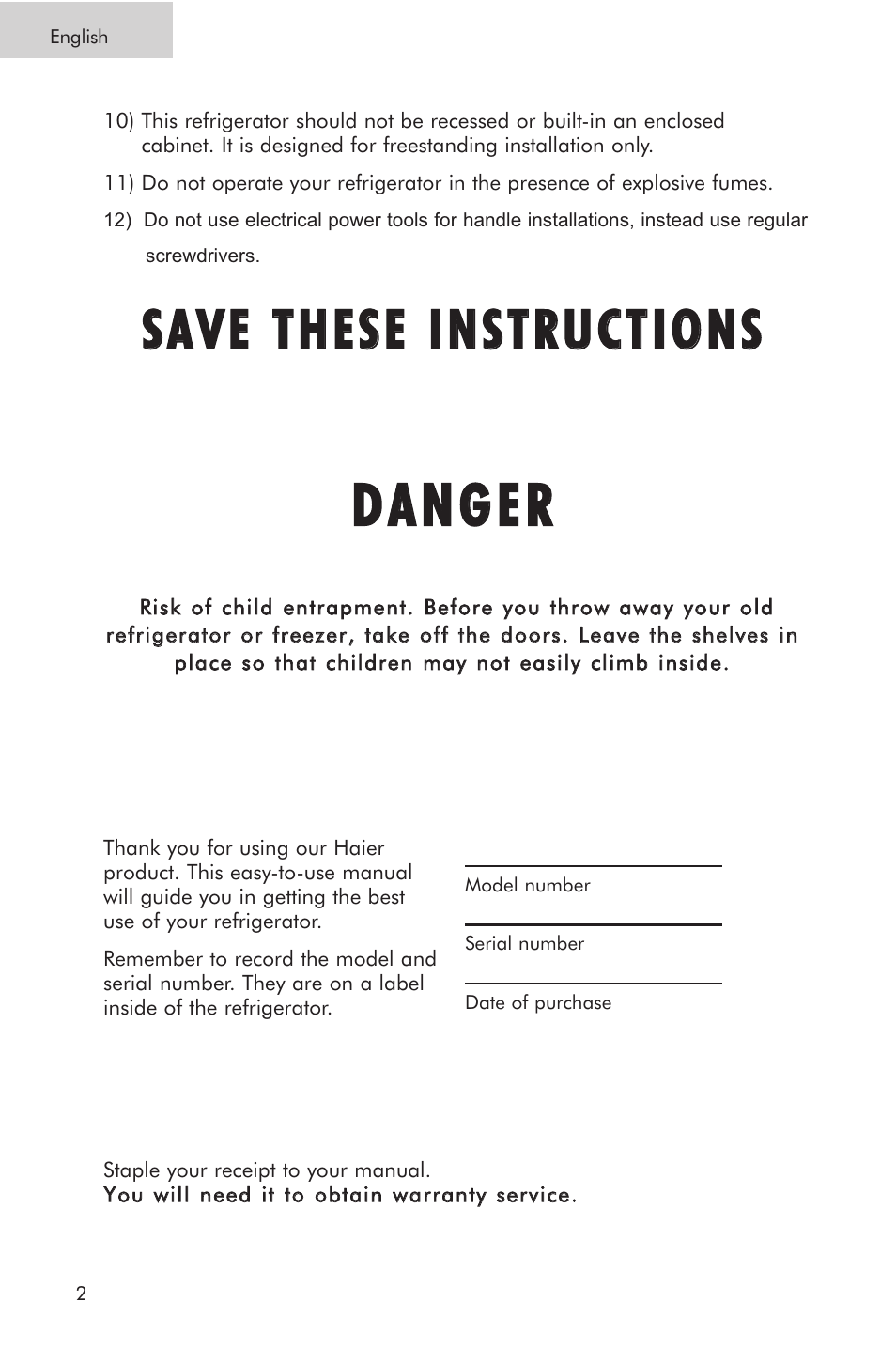 Ddaan ng geerr, Ssaav vee tth heessee iin nssttrru uccttiio on nss | haier PRTS User Manual | Page 4 / 81
