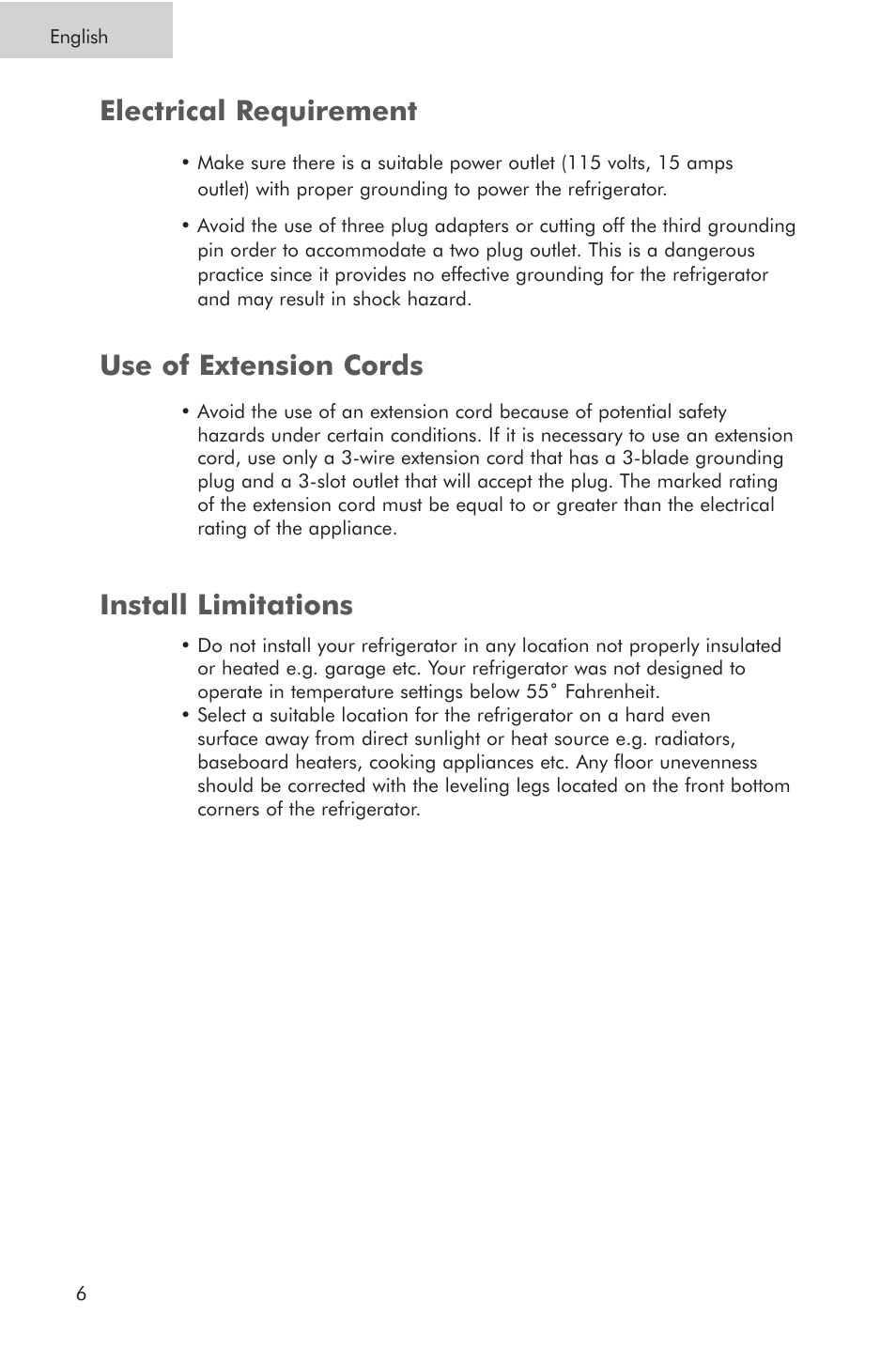 Electrical requirement, Install limitations use of extension cords | haier PRTS User Manual | Page 8 / 81