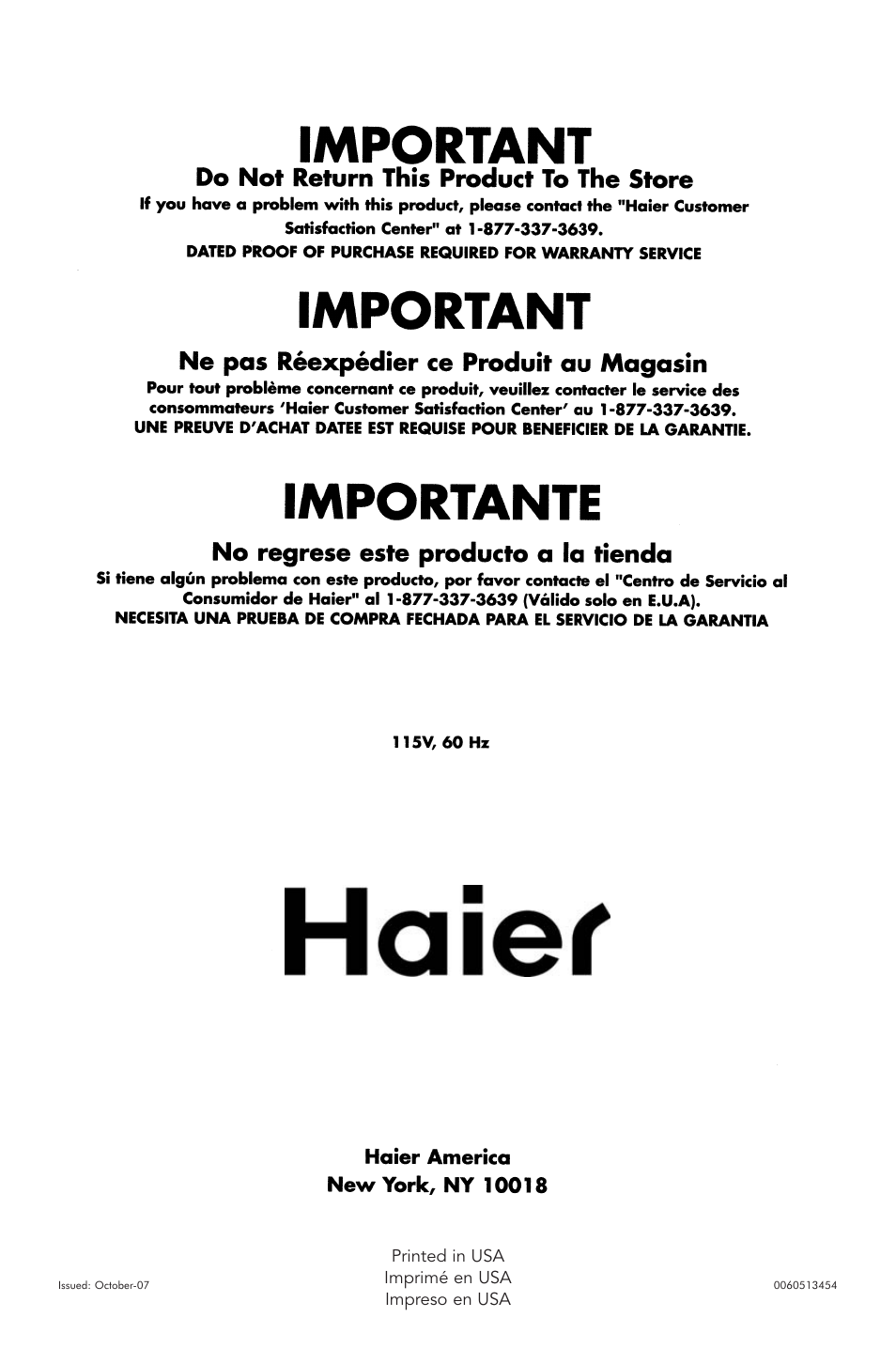 Printed in usa imprimé en usa impreso en usa | haier PRTS User Manual | Page 81 / 81