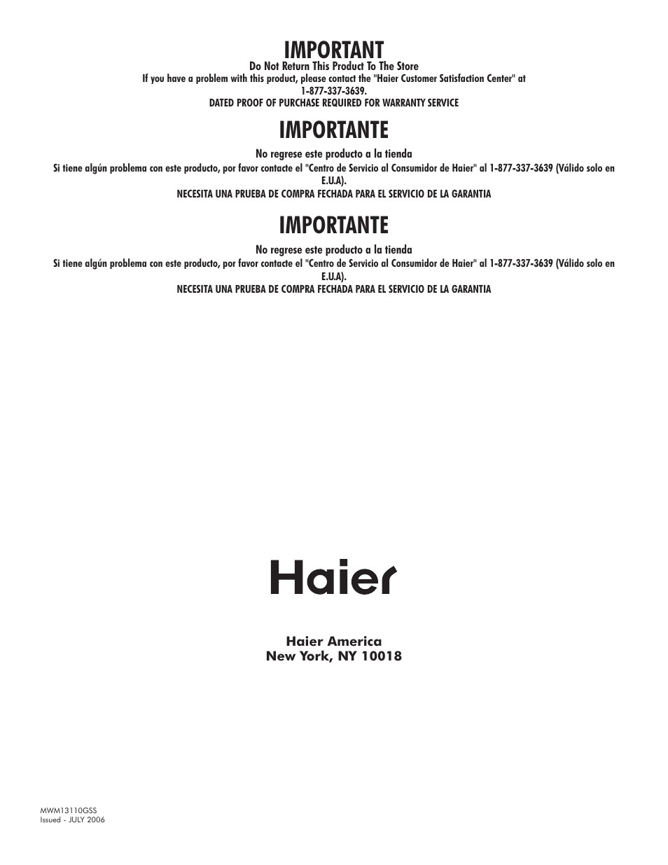 Important, Importante | haier MWM13110GSS User Manual | Page 16 / 16