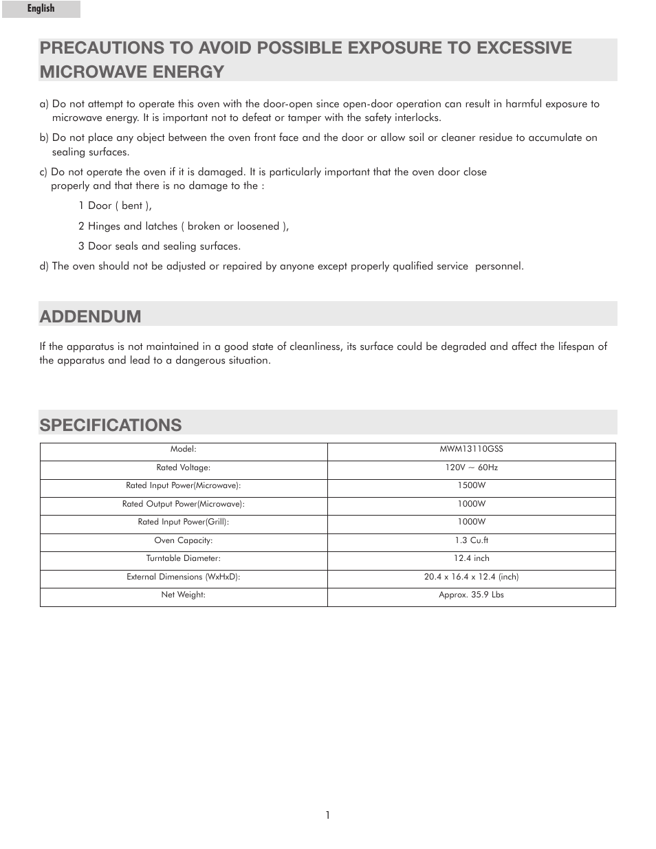 Addendum, Specifications | haier MWM13110GSS User Manual | Page 2 / 16
