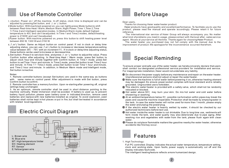 Т³гж 3, Before usage special reminding, Features | Use of remote controller, Electric circuit diagram, Actual heating keeping set | haier SILVER SEA-OX FCD-JTHMG60- E User Manual | Page 3 / 8