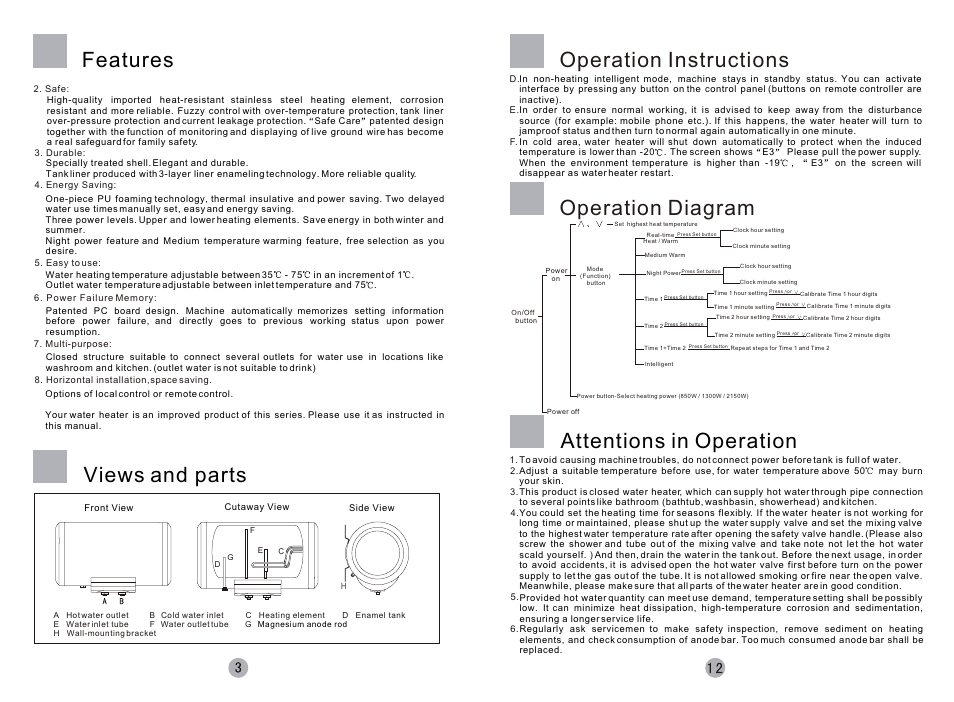 Т³гж 4, Features views and parts, Operation instructions | Attentions in operation, Operation diagram | haier SILVER SEA-OX FCD-JTHMG60- E User Manual | Page 4 / 8